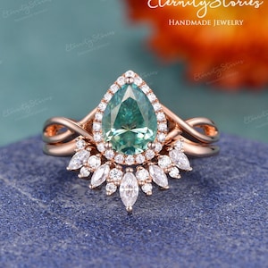 Infinity Pear Green Moissanite Ring Sets Halo Moissanite Rose Gold Engagement Ring Twisted Green Diamond Wedding Bridal Sets Unique Vintage