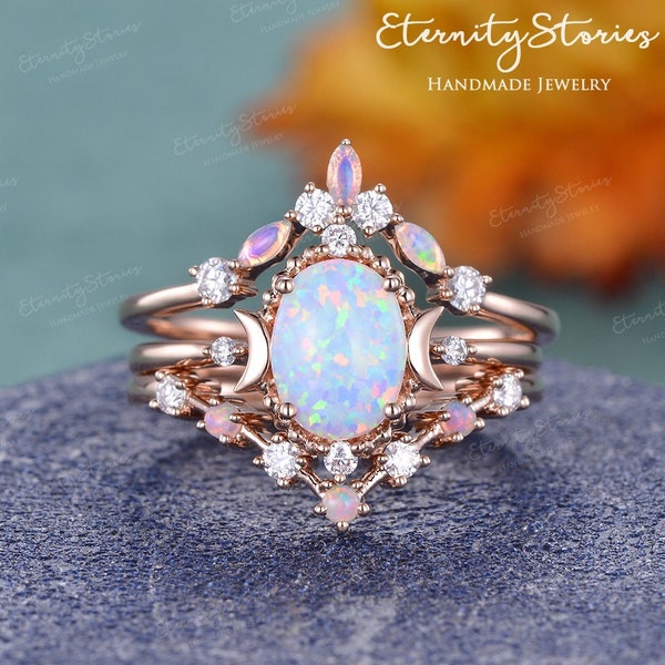 Vintage Fire Opal Bridal Set Woman Rose Gold Engagement Ring Set Moon Engagement Ring Oval Cut Opal Wedding Ring Set Unique Celestial Ring