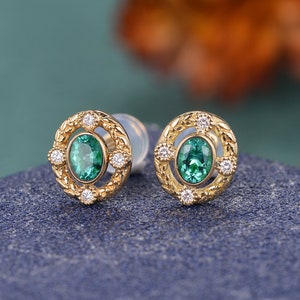 Vintage Emerald Earrings Rose Gold Stud Earrings Unique Earrings Anniversary Gift Oval Cut Natural Emerald Earrings Diamond May Birthstone