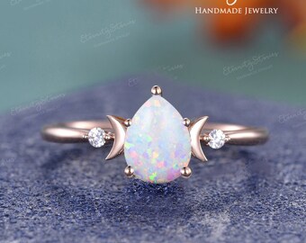 Pear Shaped Opal Engagement Ring Unique Moon Engagement Ring Lab White Opal Wedding Ring Rose Gold Vintage Celestial Three Stone Ring Women