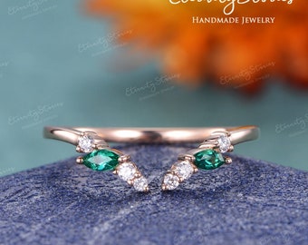 Emerald Open Wedding Band Woman Curved Wedding Band Custom Marquise Emerald Wedding Ring Enhancer Rose Gold Gift Unique Open Stacking Ring