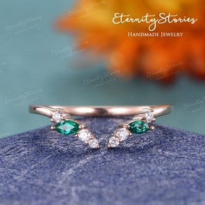 Emerald Open Wedding Band Woman Curved Wedding Band Custom Marquise Emerald Wedding Ring Enhancer Rose Gold Gift Unique Open Stacking Ring
