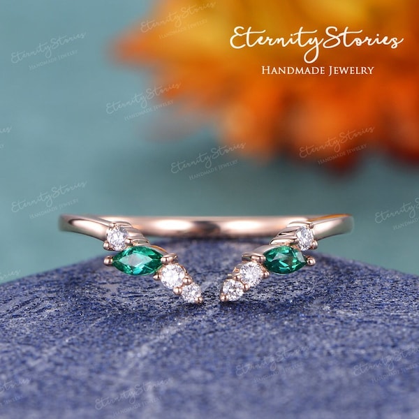 Smaragd Offener Ehering Frau Gebogener Ehering Benutzerdefinierte Marquise Smaragd EheringEnhancer Rosegold Geschenk Einzigartiger Offener Stapelring