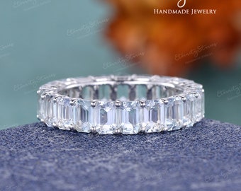 3.5ct Emerald Cut Aquamarine Wedding Band  Women White Gold Aquamarine Eternity Ring Stacking Ring March Birthstone Wedding Ring Anniversary