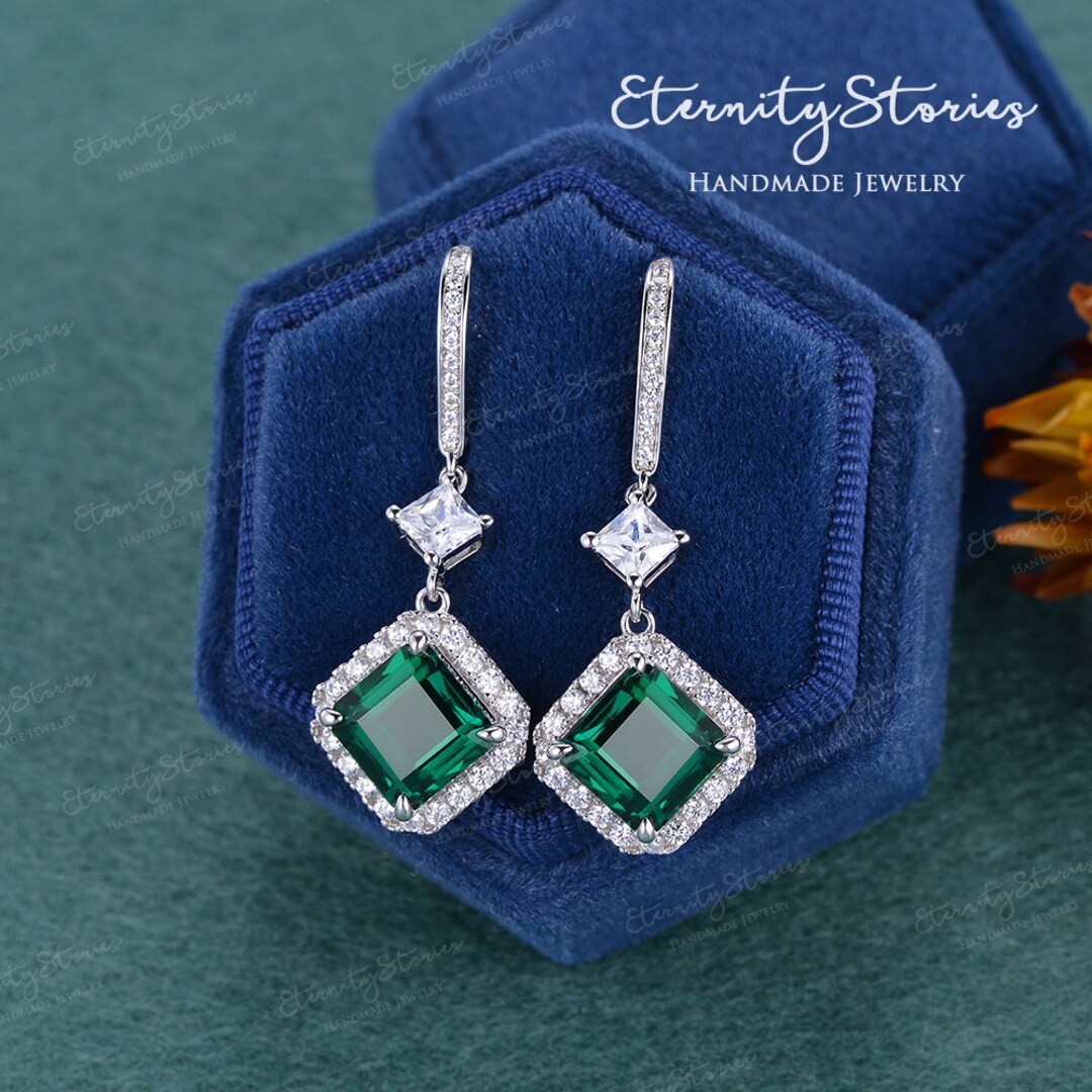 Emerald Cut Emerald Earring Women Lab Emerald Drop Earrings Princess Cut Simulated Diamond