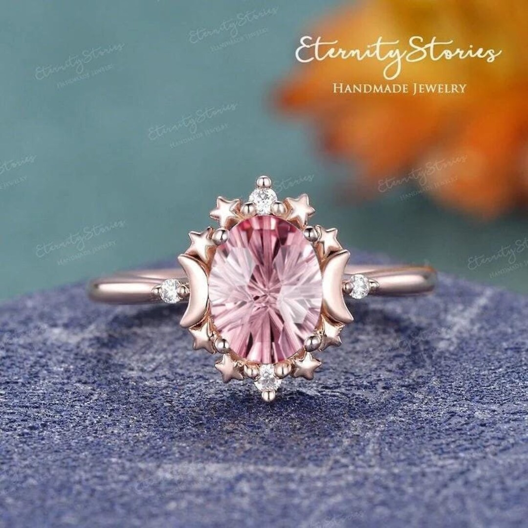 Pink Sapphire Firework Cut Engagement Ring Gold Moon and Star