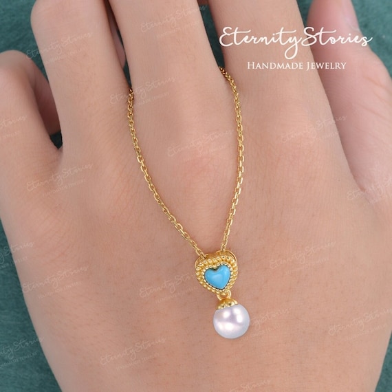 Natural Turquoise and Pearl Necklace Heart Shaped Pendant Vintage Yellow Gold Pearl Pendant Art Deco Birthstone Wedding Jewelry Gift Women