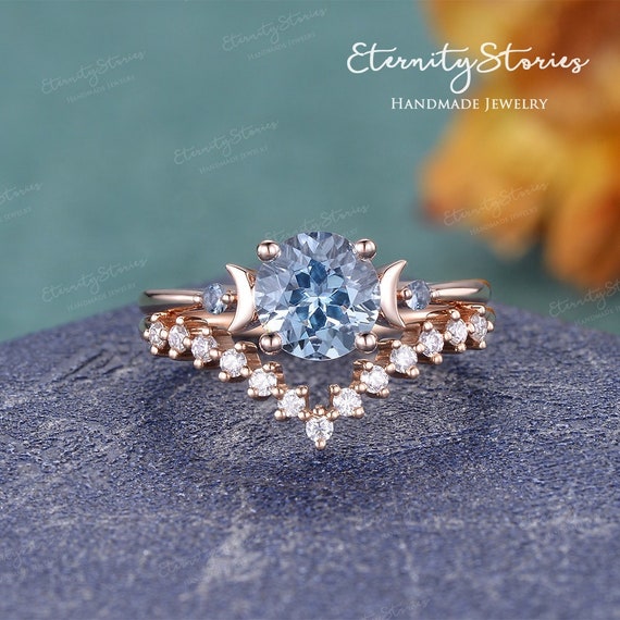 Round Aquamarine Engagement Ring Set Solid Gold Moon Ring Chevron
