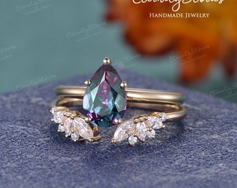 1ct Pear Alexandrite Engagement Ring Set Solitaire Rose Gold Bridal Set Stacking Ring Unique Moissanite Open Wedding Ring Birthstone Gift