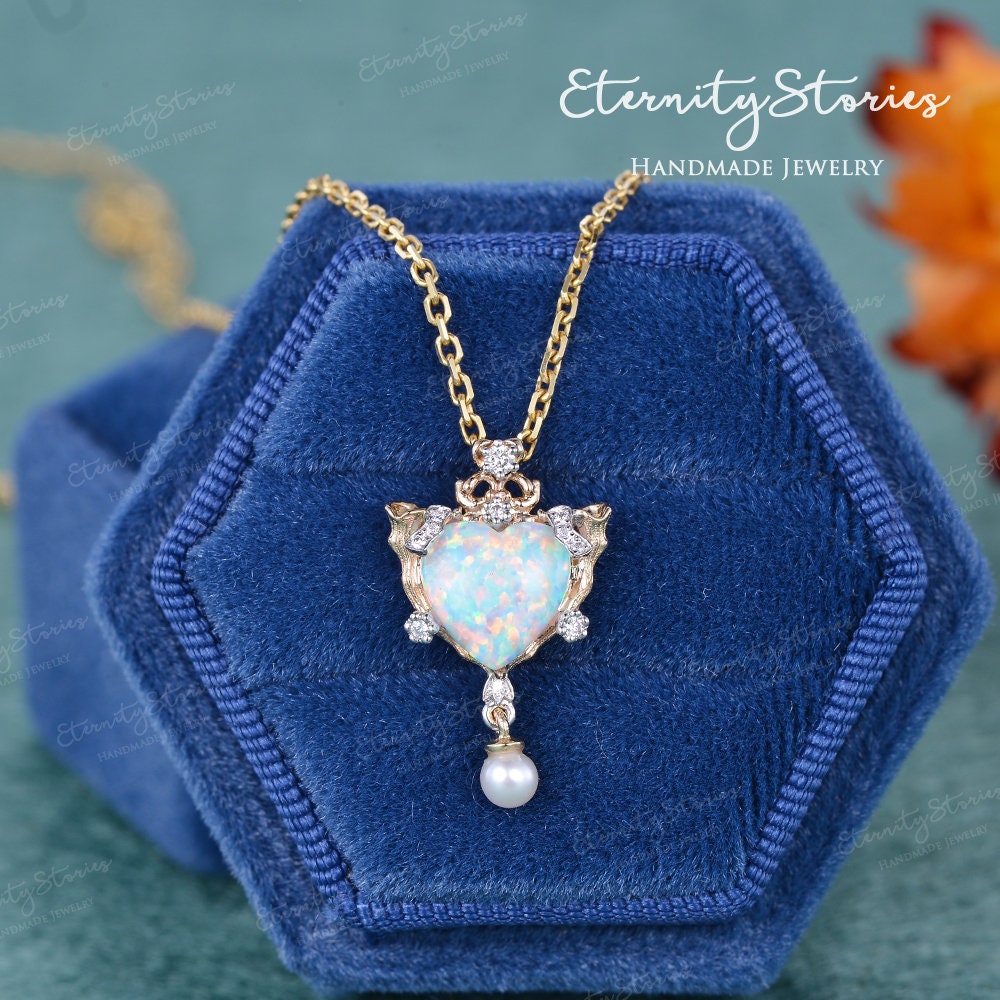 Heart Shaped Opal Necklace Jewelry Two Tones Vintage White