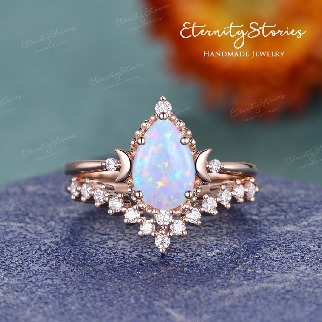 Pear Fire Opal Wedding Ring Set Vintage Moon Engagement Ring Rose Gold