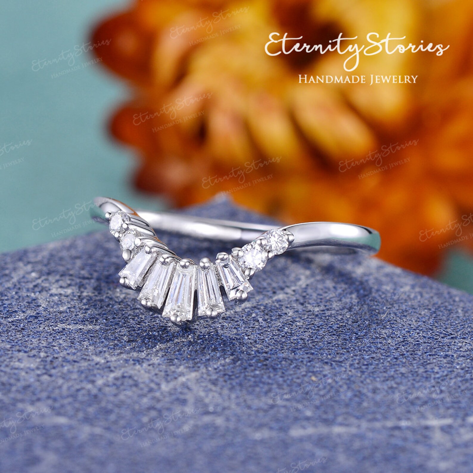 Baguette Cut White Gold Wedding Band Curved Wedding Band Women Etsy