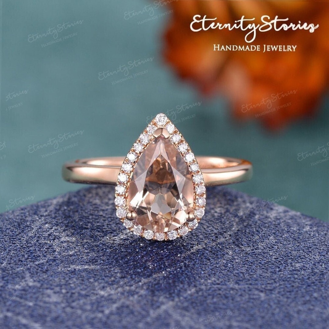 Pear Shaped Morganite Engagement Ring Wedding Ring Rose Gold Women Halo ...