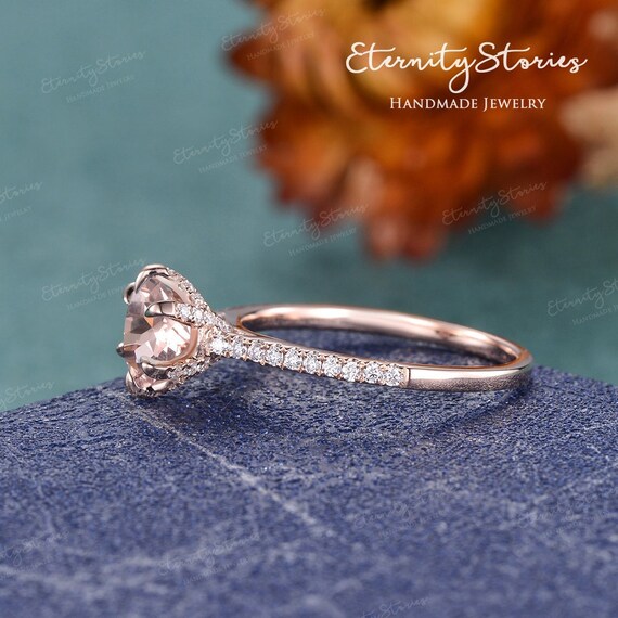 Hidden Halo Morganite Engagement Ring 14K Rose Gold Half Eternity