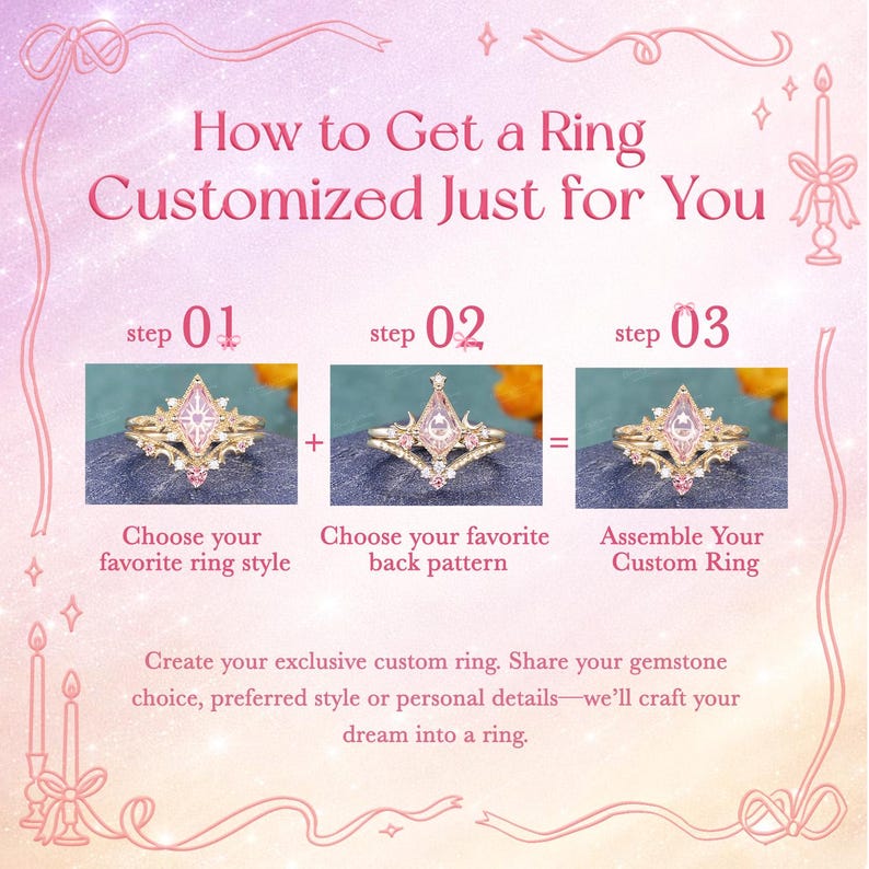 Anello di fidanzamento con zaffiro rosa a forma di cuore e ali d'angelo, gioielli fantasy con luna e stelle, regalo kawaii per ragazze magiche. immagine 2