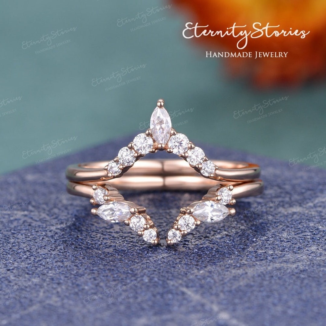 Marquise Curved Wedding Band Moissanite Rose Gold Wedding Band Women ...