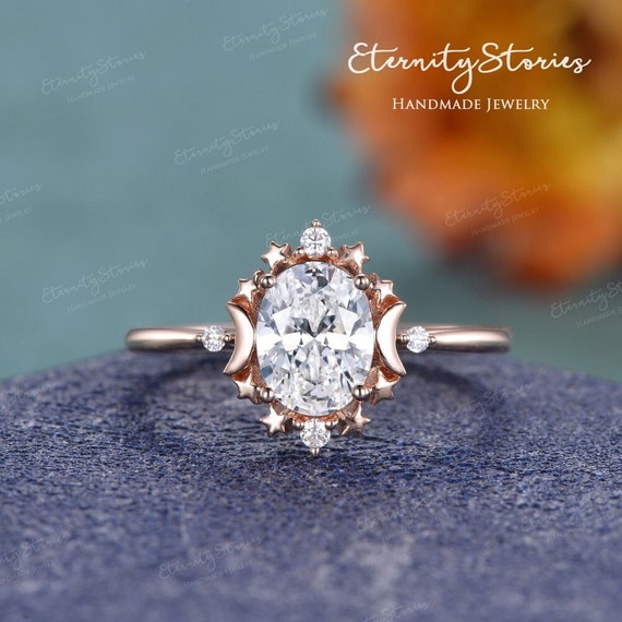 Lab Grown Diamond Engagement Ring Celestial Engagement Ring Galaxy Promise Ring Unique Moon and Star Ring Vintage Anniversary Gift For Her