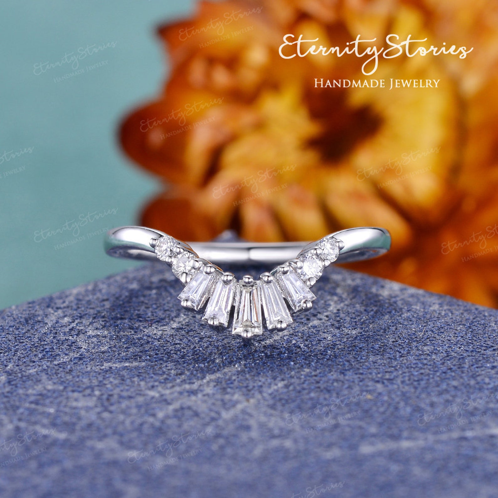 Baguette Cut White Gold Wedding Band Curved Wedding Band Women Etsy