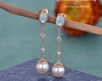 Natural Aquamarine Earring Vintage Akoya Pearl Earring Art Deco Earrings Rose Gold Pearl Drop Earring Jewelry Women Diamond March Birthstone
