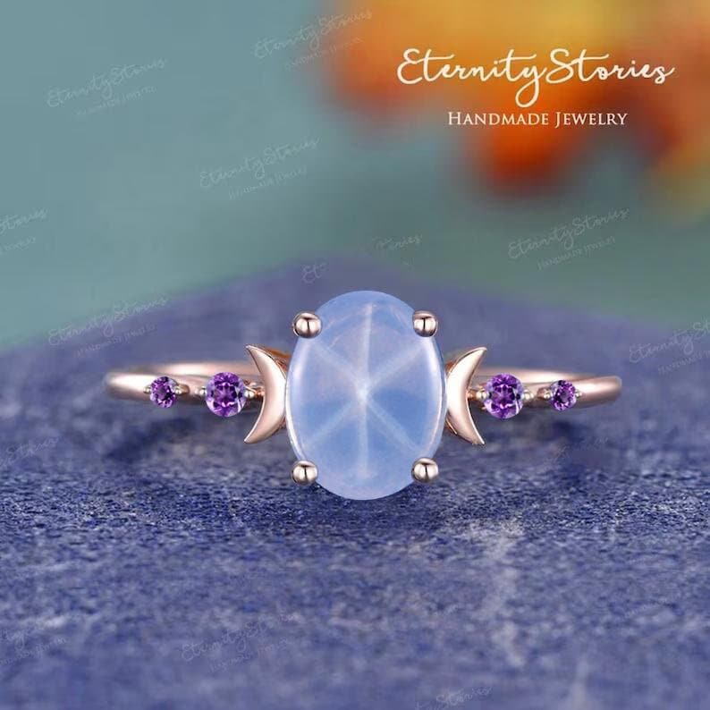 Fantasy Oval Light Star Sapphire Engagement Ring Rose Gold Cornflower Sapphire and Amethyst Ring Moon Ring Vintage Fairy Ring Promise Ring