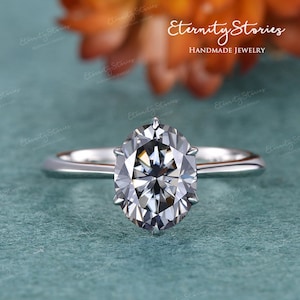 Grey Moissanite Ring Choice Size Oval Cut Solitaire Gray Moissanite Engagement Ring White Gold Wedding Ring Minimalist Promise Ring 6 Prong