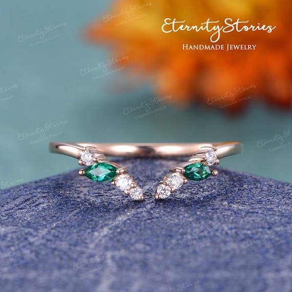 Emerald Open Wedding Band Woman Curved Wedding Band Custom Marquise Emerald Wedding Ring Enhancer Rose Gold Gift Unique Open Stacking Ring