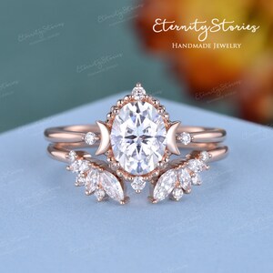 Vintage 1.5ct Oval Cut Moissanite Engagement Ring Set Moon Engagement Ring Rose Gold Diamond Bridal Sets Milgrain Unique Open Wedding Band