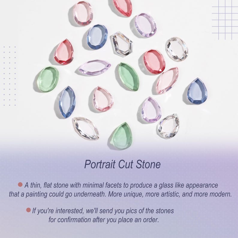 Pu&ograve; includere: Assortimento di pietre colorate sfaccettate a taglio ritratto in varie forme, tra cui gocce e ovali. Le pietre sono nelle tonalit&agrave; di rosa, blu, verde e trasparente, disposte su una superficie bianca. Il testo "Portrait Cut Stone" &egrave; visibile.
