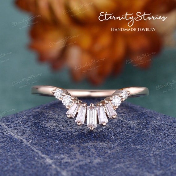 Baguette Wedding Band Rose Gold Curved Wedding Band Cubic Zirconia Band Women Simulated Diamond Ring Enhancer Matching Band Personalized Etsy