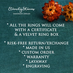 May include: Text on a teal background with a floral design. The text reads "Eternity Stories Handmade Jewellery" and lists the following services: "All the rings will come with a certificate & a velvet ring box", "Risk-free return/exchange", "Made in US", "Custom order", "Warranty", "Layaway", and "Engraving".