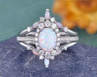 1.5CT Oval Cut Opal Moissanite Engagement Ring Set Antique Curved Cluster Bridal Set 3pcs Half Eternity Art Deco Halo Cluster Ring For Women