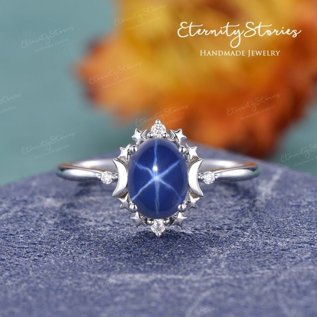 Star Sapphire Engagement Ring Oval Cut Galaxy Crystal Engagement Ring