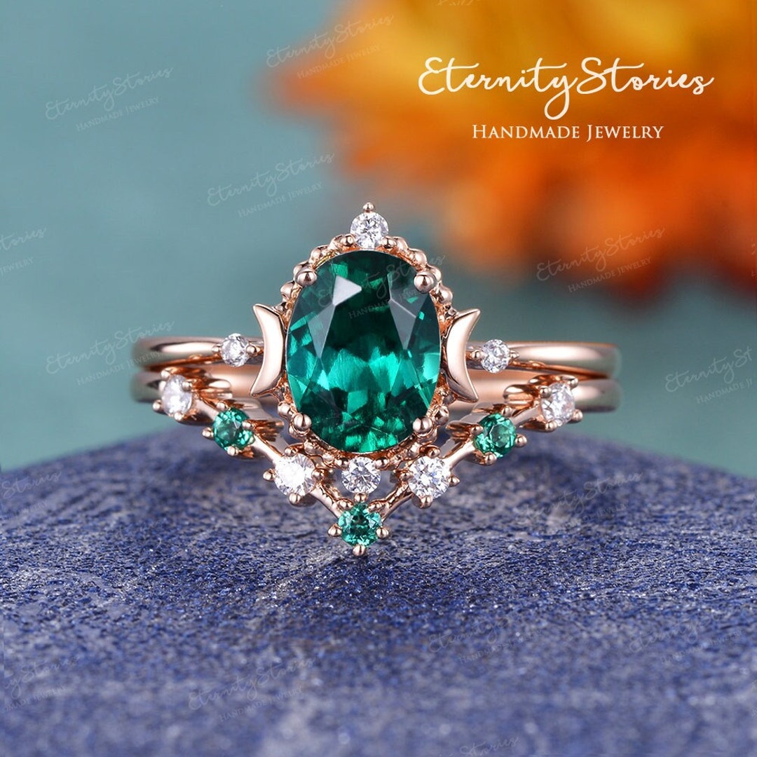 Vintage Oval Cut Emerald Engagement Ring Set Moon Engagement Etsy