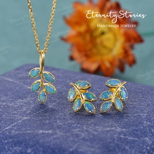 Natural Opal Jewelry Set Vintage Opal Earrings Leaf Art Deco Marquise Opal Necklace Milgrain Vine Yellow Gold Bridal Jewelry Set Birthstone