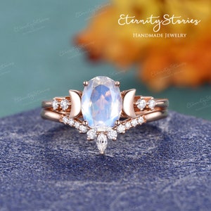 Rose Gold Engagement Ring Set Moonstone Vintage Promise Ring Wedding Sets Celestial Galaxy Ring Bridal Sets Customized Wedding Ring 2pcs