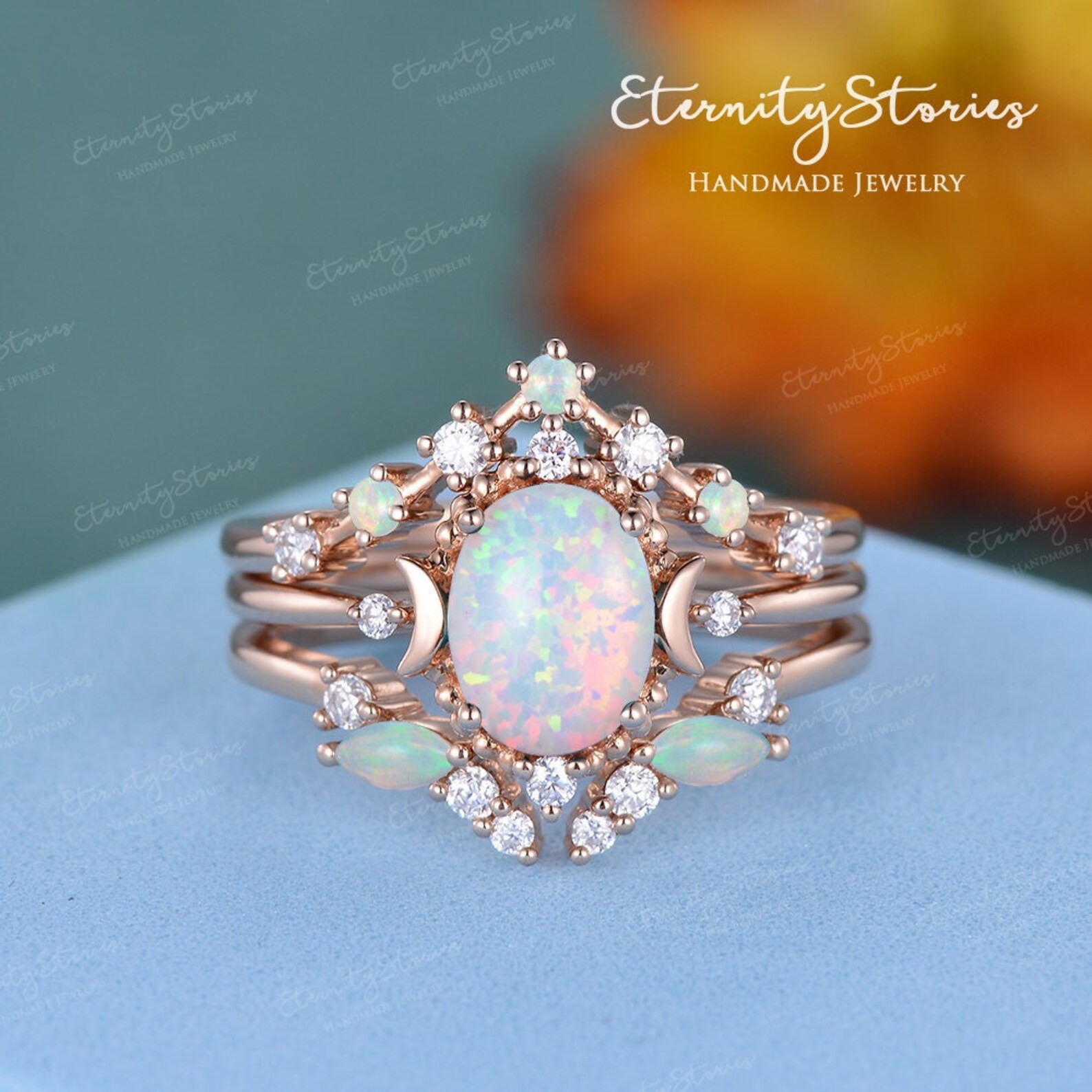 Opal Engagement Ring Set Vintage Opal Wedding Ring Set Woman Etsy