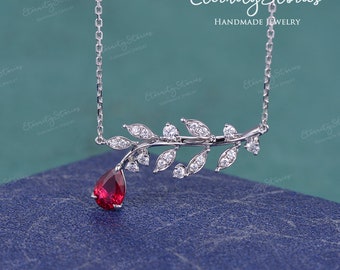Teardrop Ruby Necklace Pear Lab Ruby Pendant Leaf Shaped White Gold Necklace Red Jewelry Flower Inspired Necklace July Birthstone Women Gift