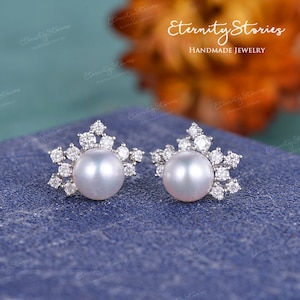 Natural Pearl Earrings Woman Vine Yellow Gold  Stud Earrings Diamond Cluster Art Deco Earring Unique Wedding Bridal Jewelry Anniversary Gift