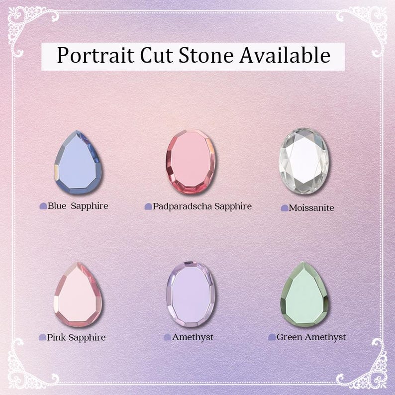Pu&ograve; includere: Immagine con sei pietre preziose taglio ritratto: Zaffiro blu, Zaffiro Padparadscha, Moissanite, Zaffiro rosa, Ametista e Ametista verde. Il testo "Portrait Cut Stone Available" &egrave; visualizzato in alto.