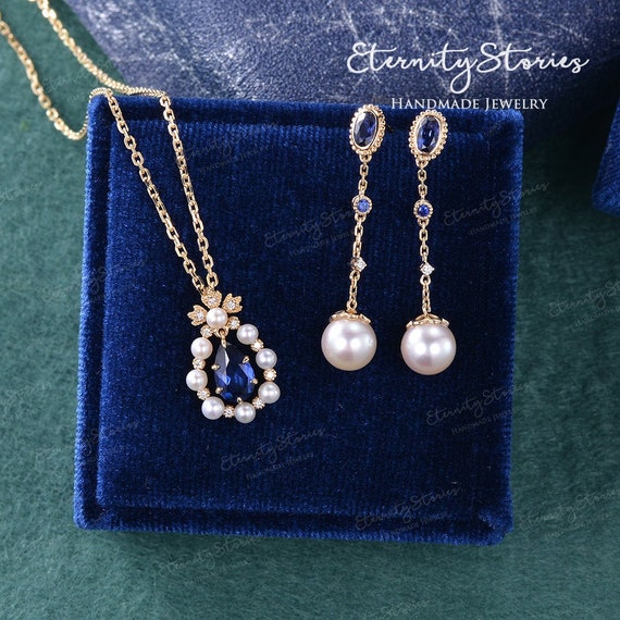 Art Deco Sapphire jewelry set Yellow Gold Necklace Pearl and Sapphire Earrings Dangle Pearl Drop Earring Sapphire Pendant Women Gift Wedding