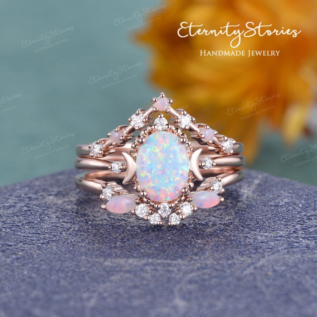 Opal Engagement Ring Set Vintage Opal Wedding Ring Set Woman