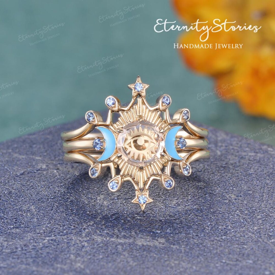 One of a Kind Evil Eye Ring Set 3pcs Yellow Gold Blue Enamel Moon Ring ...