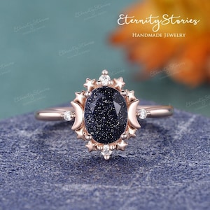 Crystal Engagement Ring Crystal Ring Blue Sandstone Engagement Ring Vintage Celestial Unique Moon and Star Ring Women Rose Gold Promise Ring