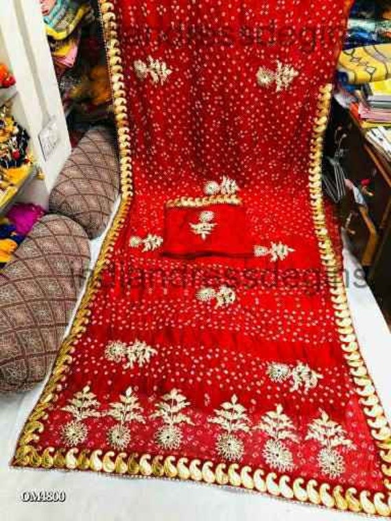 Details about   Designer Bandhani Silk Bandhej Saree Gota Patti Border Partywear Wedding Sari 