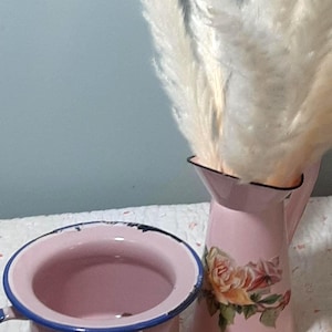 Vintage Enamelware Chamber Pot and Floral Pitcher Set