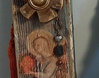 Hand crafted wall art  Reclaimed wood wall plaques Angels and Saints  Multi media and found objects  11in x 4in x 1in[average]. Wall art