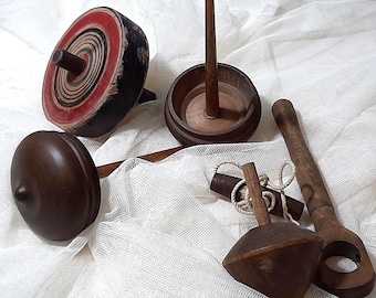 Antique Pull String Spinning Top, Vintage Wooden Toy, Retro Home Decor
