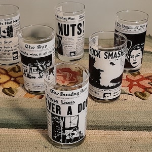 Set of 6 vintage Libby&#39;s newspaper tumblers Collectable newspaper glasses 1970&#39;s Headline drinking glasses  The Sun Canadian news 5&quot; high