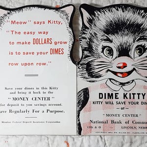 Vintage Dime Kitty Dime Karte Dime Aufbewahrung Dime Bank Münzenhalter Midcentury moderne Grafik Münzen Bank Werbung Tier ephemera Katze 1950