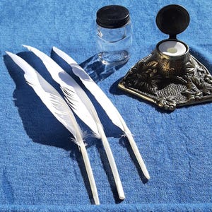Antique Art Nouveau brass inkwell with hinged lid and original ceramic insert Ink  Glass ink bottle 3 White feather quills Writing set